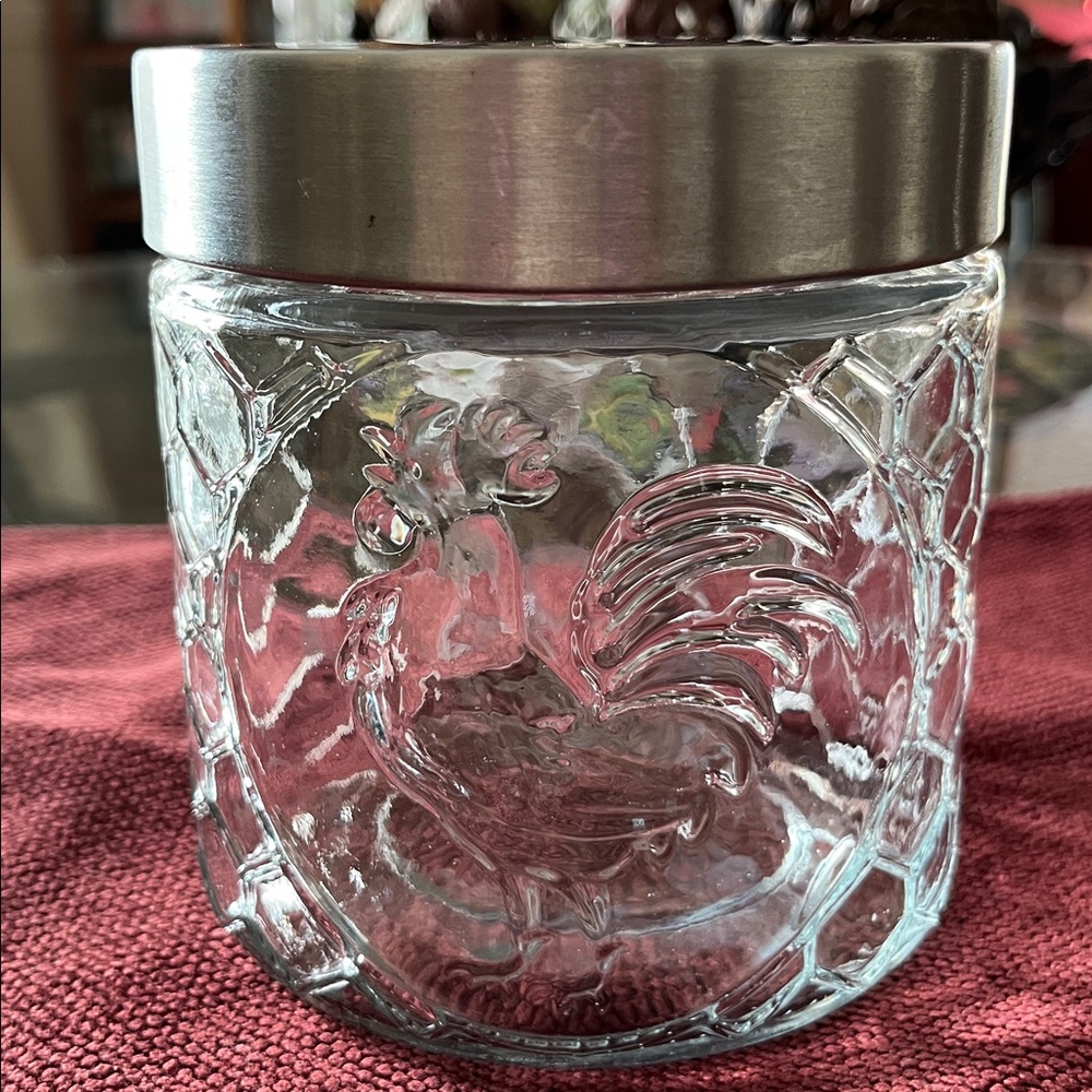 Glass Canister Jar with Rooster Design and Silver Lid
